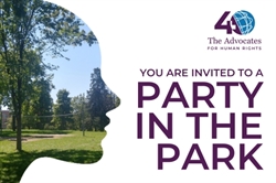 [ai] An image featuring a park scene with grassy areas and tall trees on one side. The silhouette of a head is illustrated, alongside text inviting to a party in the park. The logo for The Advocates for Human Rights is displayed in the corner.